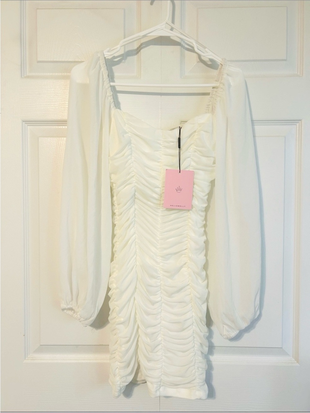 Hello Molly White Ruched Long-Sleeve Mini Dress